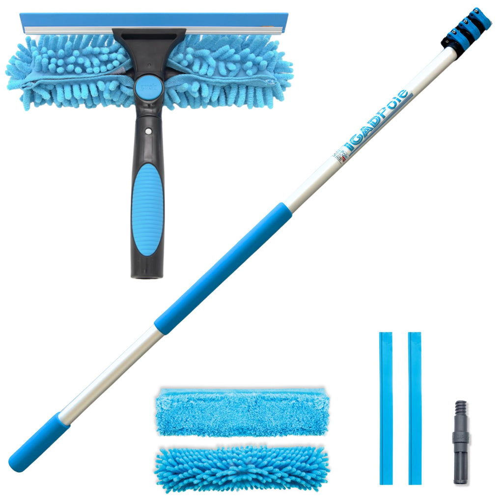 10ft Window Squeegee with Extension Pole, Window Cleaner Tool with 2-Stage Telescoping Pole, Window Cleaning Kit with 10ft Pole (3m) & Microfiber Cloths, 2 Blades Replacements & ACME Adapter