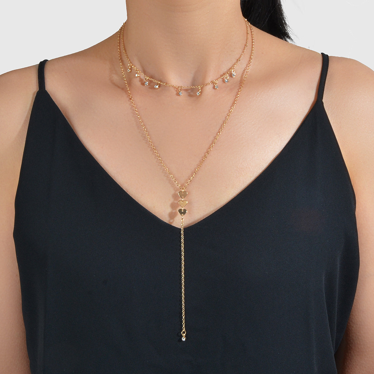 2pcs Designer Jewellery Rhinestone Charm Necklace Heart Y shape Pendant Necklace