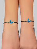 2 pcs Adjustable Black Rope Blue Butterfly Pendant Bracelet Mother's Day Gift