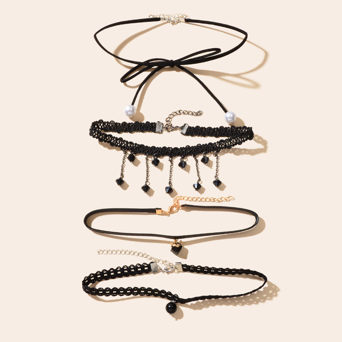 4 pcs Punk Vintage 90s Black Hollow Lace Bow Tassel Charm Tattoo Choker Necklace