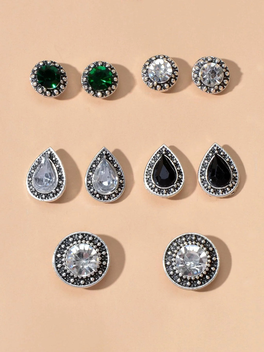 5 pairs Vintage Jewellery Shining Rhinestone Round Water Drop Stud Earrings Set