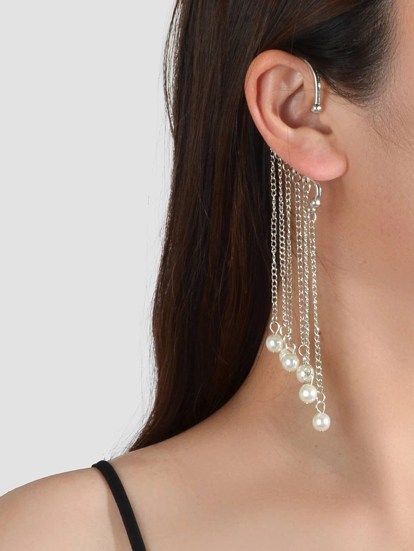 1 pc Fashion Pearl Silver Long Chain Tassel Big Ear Cuff Statement Earrings