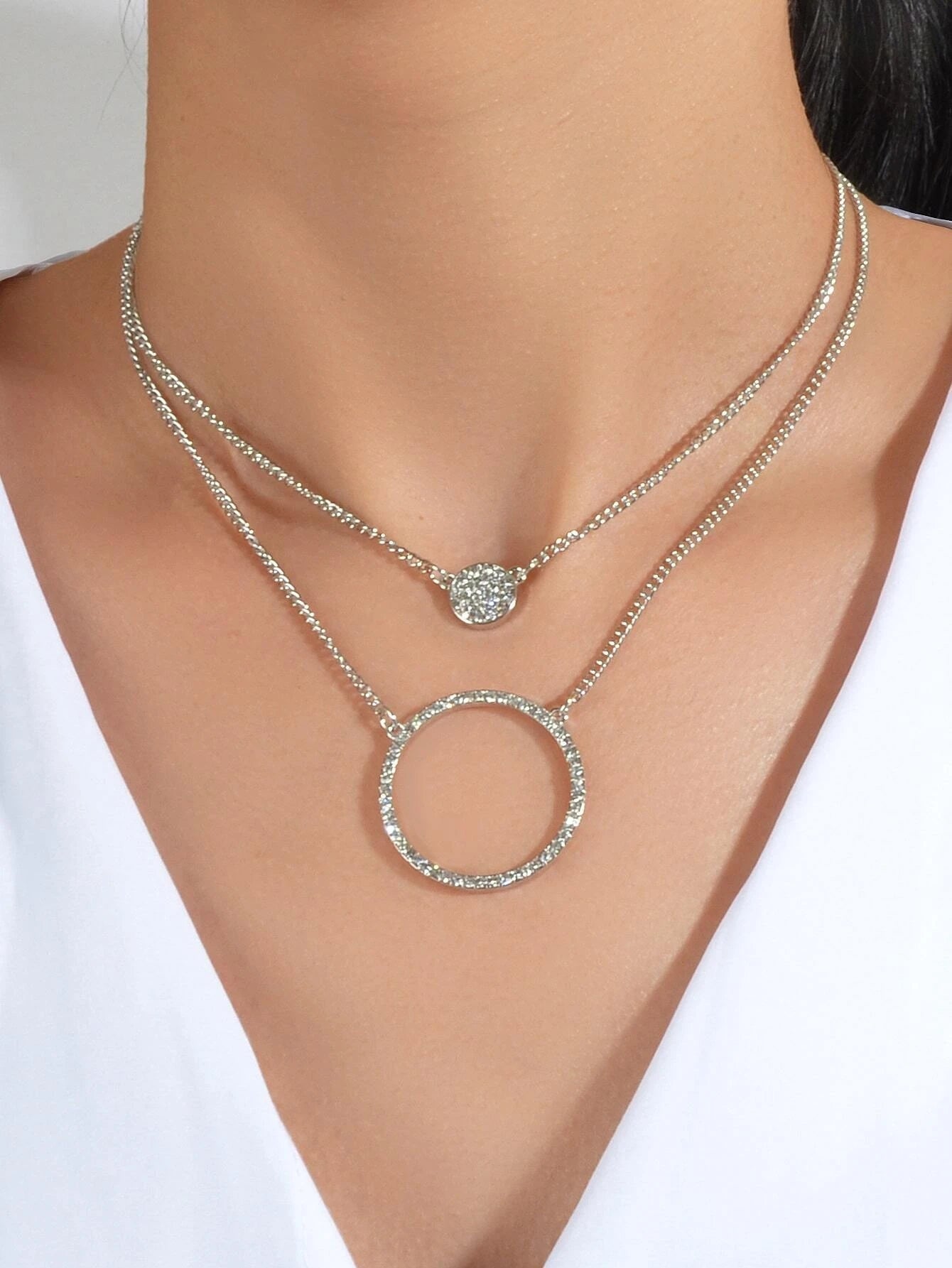 2 pcs Gold Silver Chain Rhinestone Round Circle Pendant Necklace Jewellery Gift