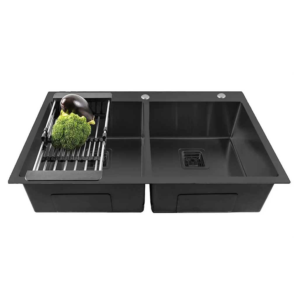 304 Handmade (45"x20"x10) Inch Stainless Steel Double Bowl Black Kitchen Sink With Tap Hole