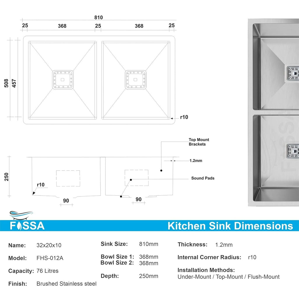 304 Handmade (45"x20"x10) Inch Stainless Steel Double Bowl Black Kitchen Sink With Tap Hole