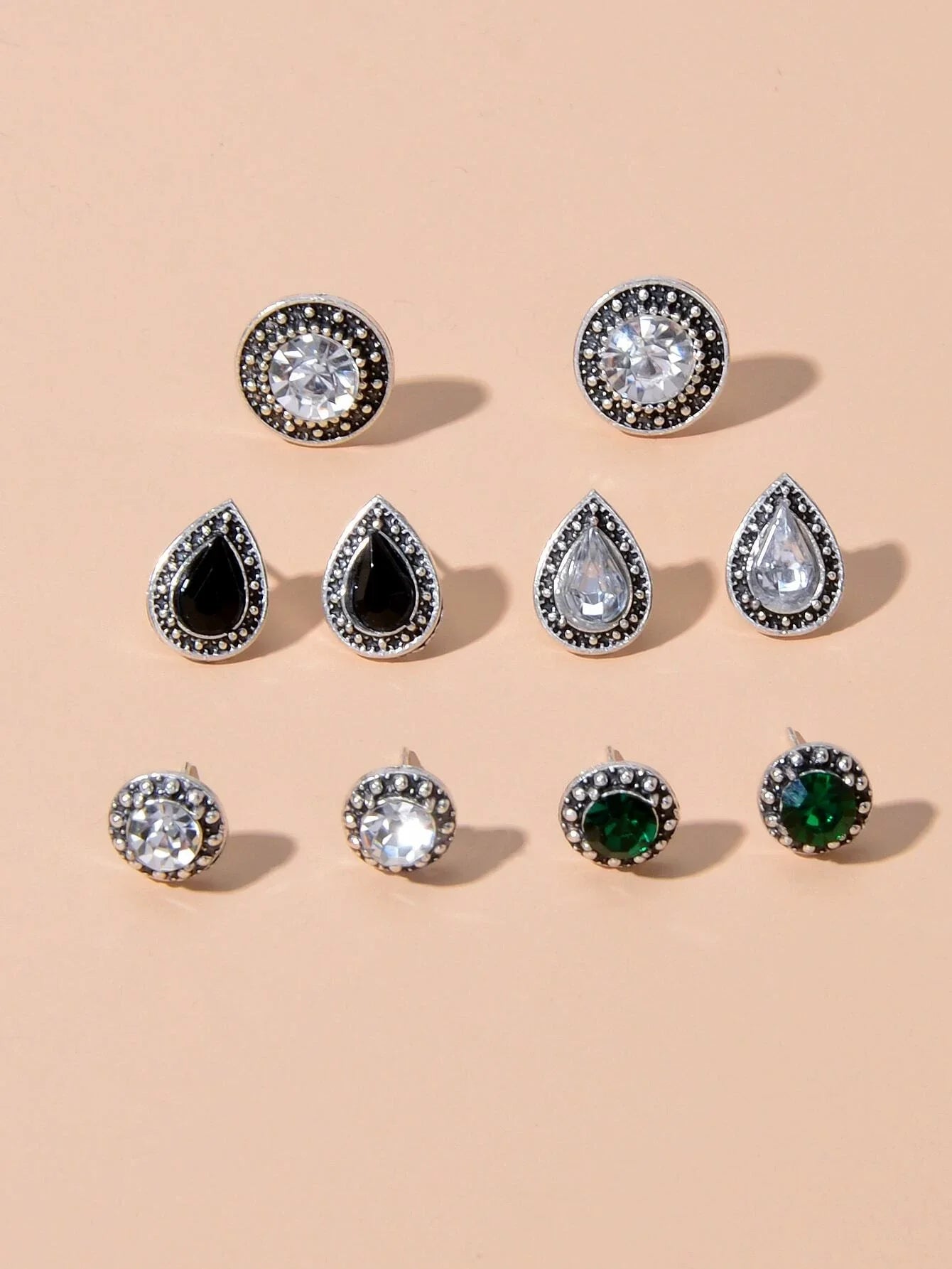 5 pairs Vintage Jewellery Shining Rhinestone Round Water Drop Stud Earrings Set