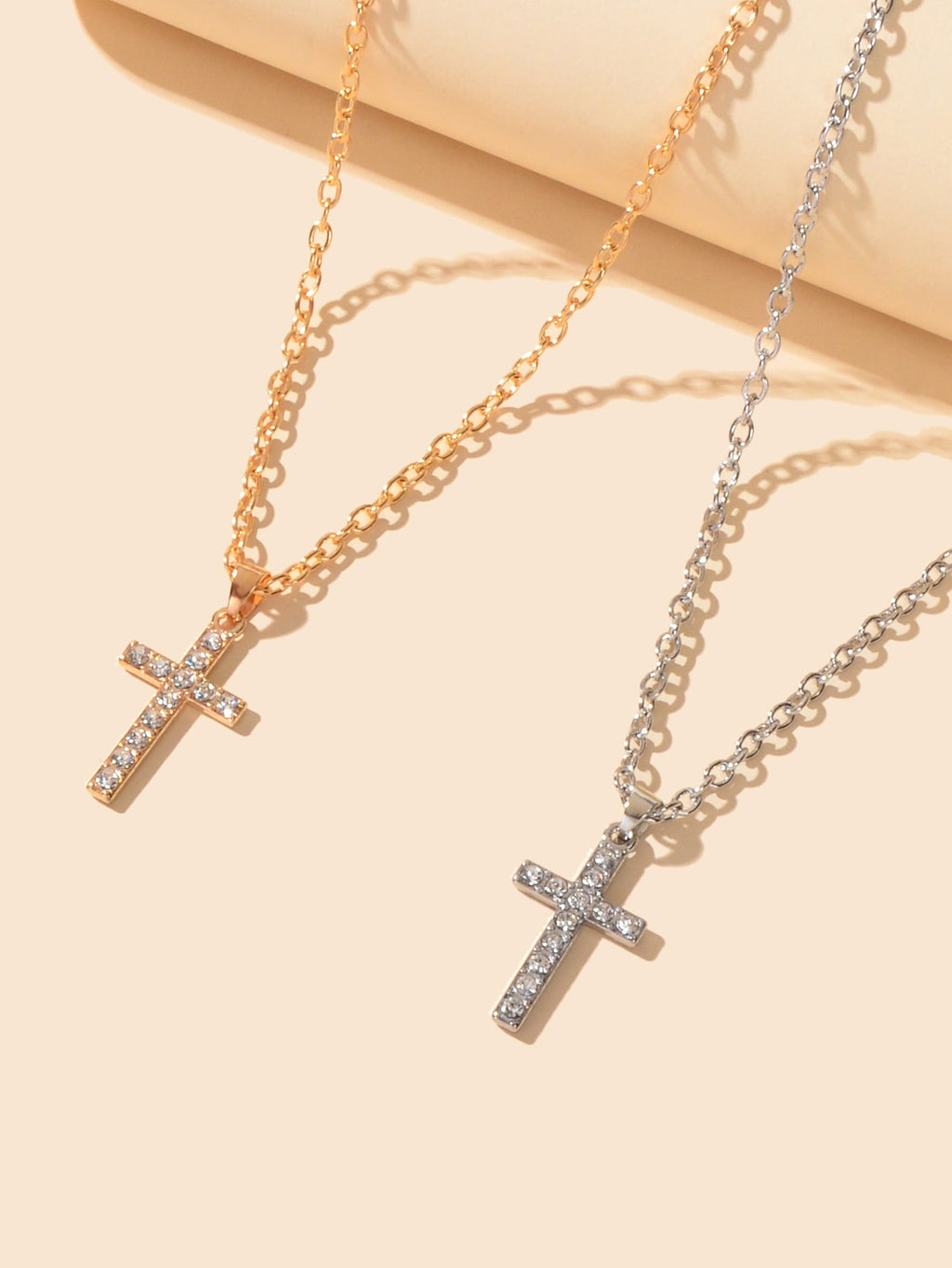 2 pcs Gold Silver Chain Rhinestone Cross Matching Necklace Lovers Couples Gift
