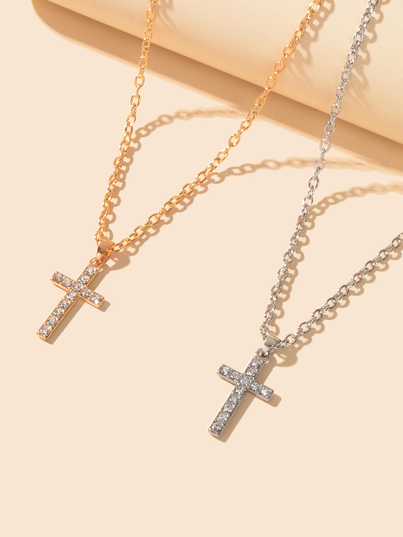 2 pcs Gold Silver Chain Rhinestone Cross Matching Necklace Lovers Couples Gift