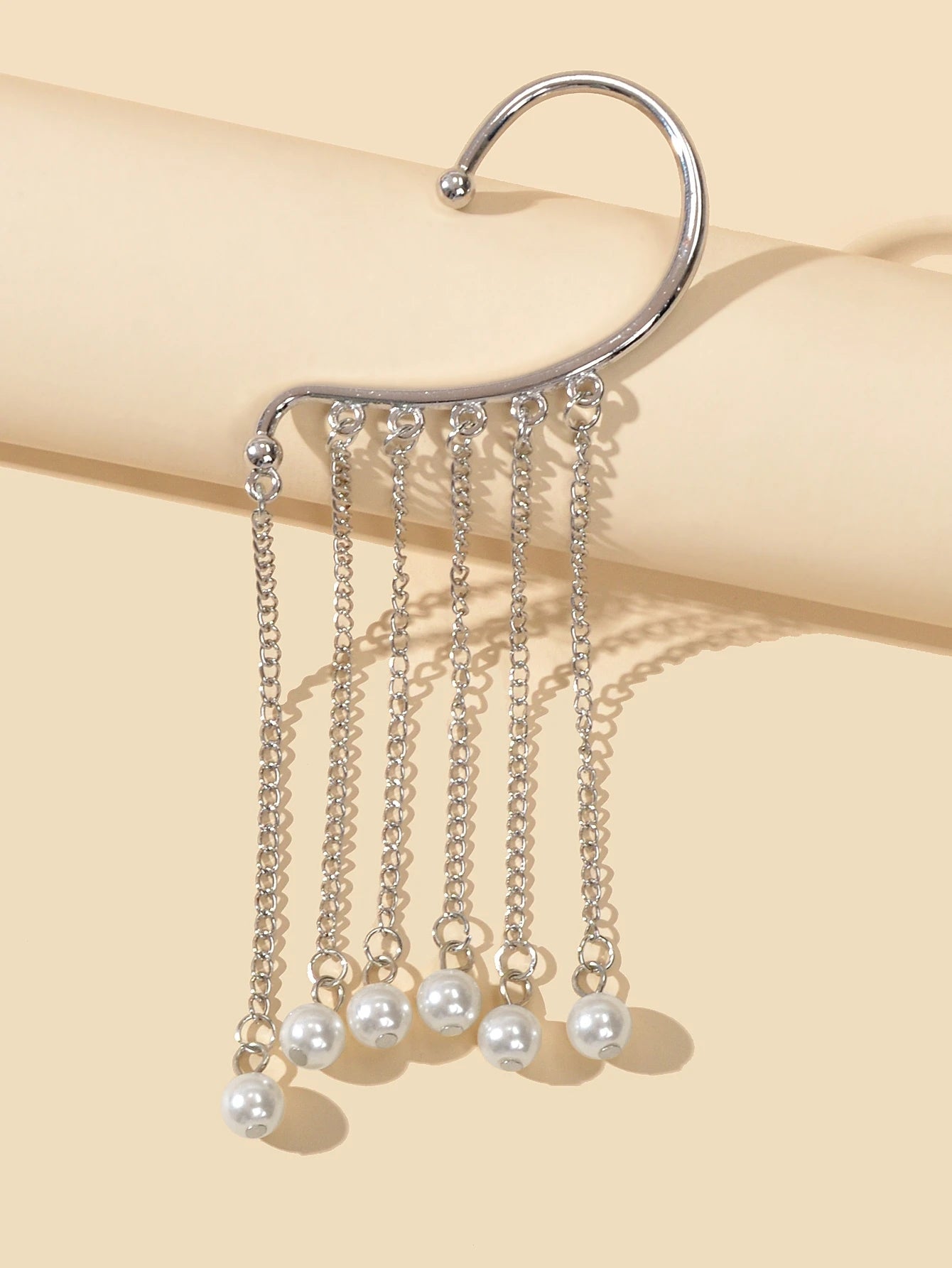 1 pc Fashion Pearl Silver Long Chain Tassel Big Ear Cuff Statement Earrings