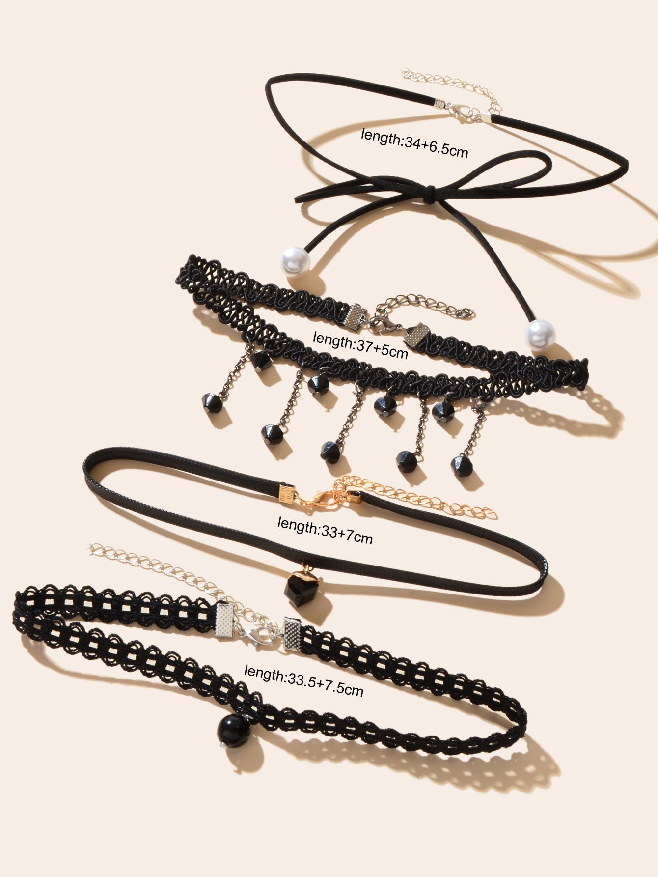 4 pcs Punk Vintage 90s Black Hollow Lace Bow Tassel Charm Tattoo Choker Necklace