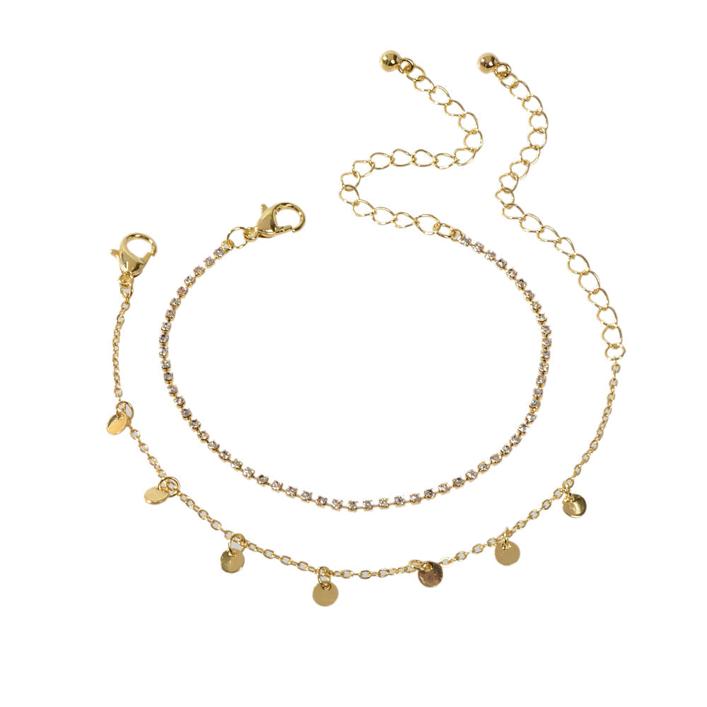 2pcs Women Rhinestone Gold Silver Chain Disc Charm Bracelet Fashion Accessories