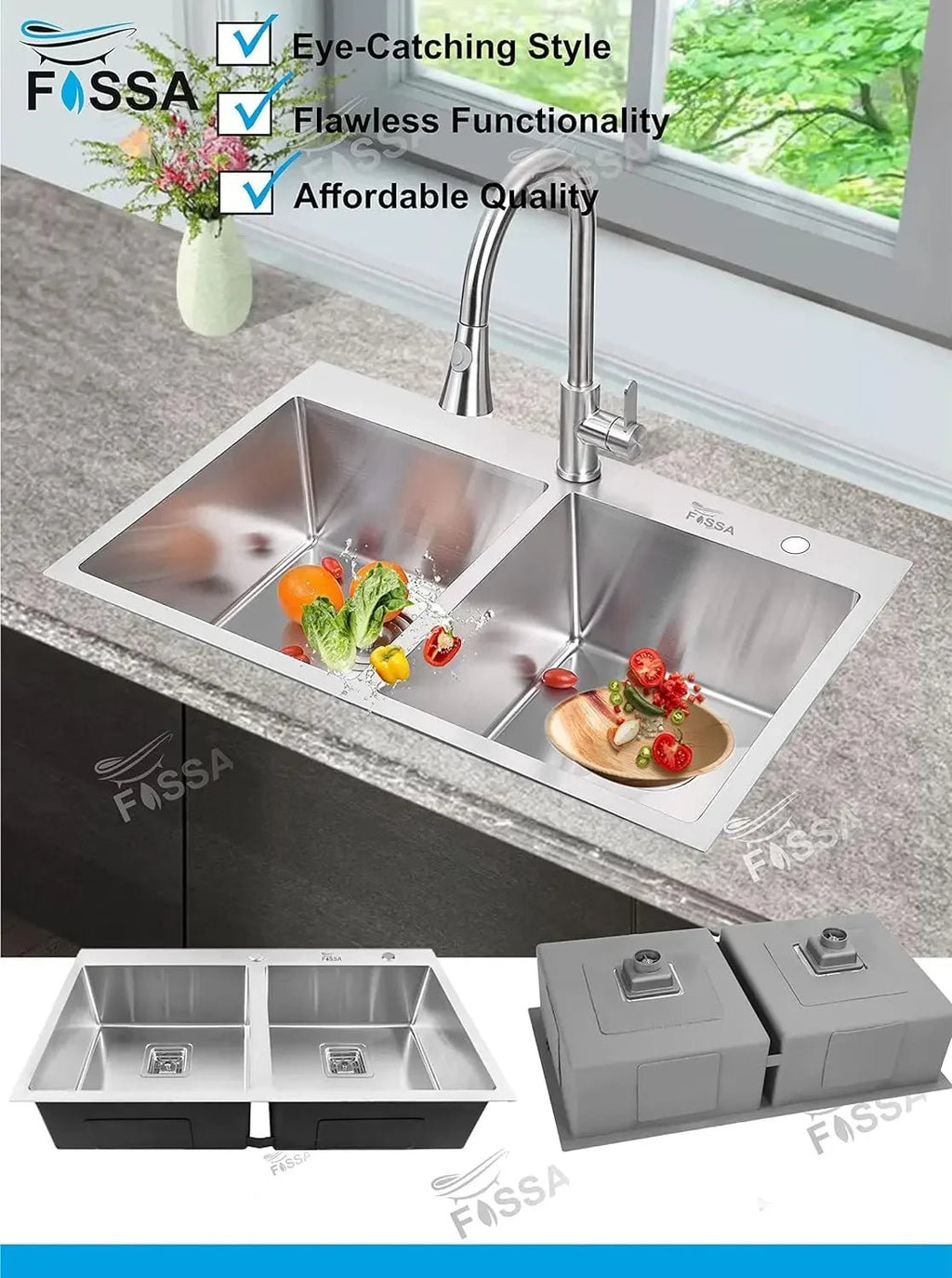 304 Handmade (45"x20"x10) Inch Stainless Steel Double Bowl Silver Kitchen Sink With Tap Hole