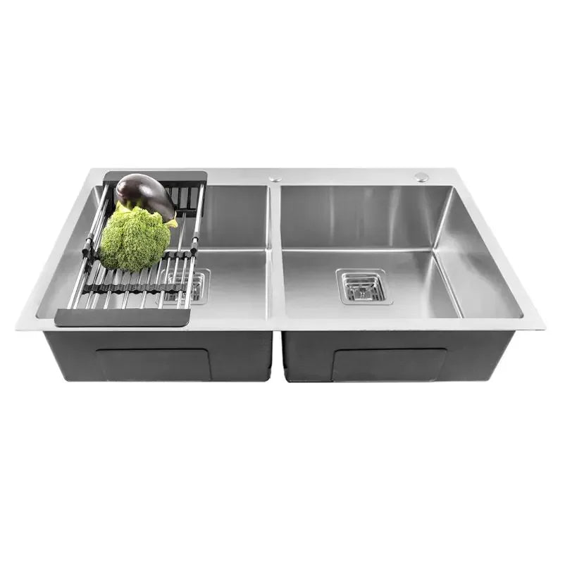 304 Handmade (45"x20"x10) Inch Stainless Steel Double Bowl Silver Kitchen Sink With Tap Hole